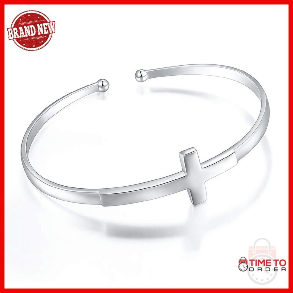 Sterling Silver Sideways Cross Bangle Bracelet Adjustable Faith Hope Love